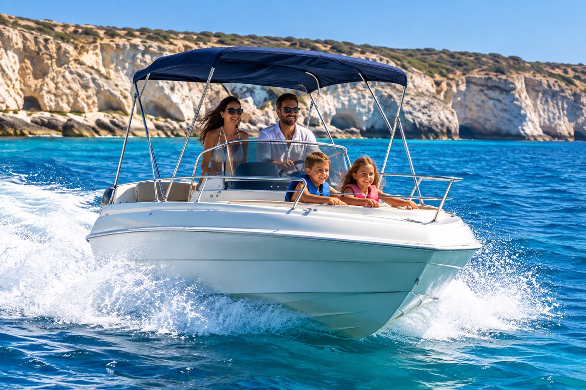 Family at the helm of a white 6-seater speedboat along the Akamas cliffs