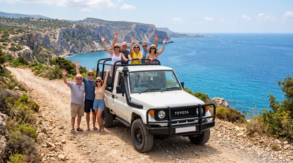Safari jeep on a dirt track above the Akamas coast