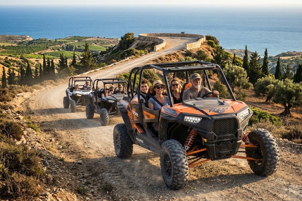 Polaris four-seater buggy leading a safari convoy up a mountain track above the Paphos coast