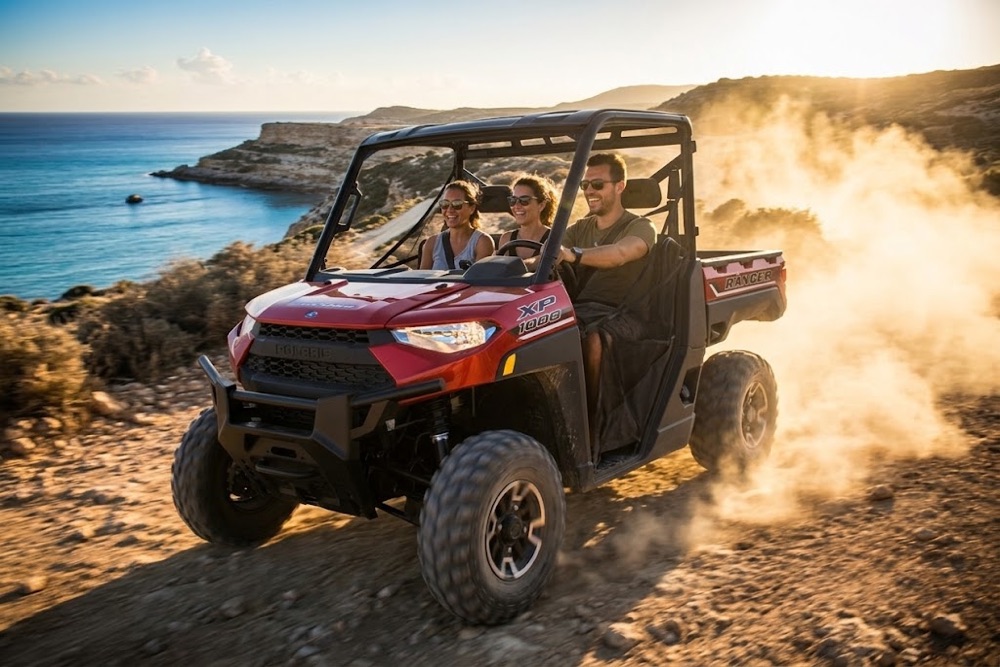 3-seater off-road buggy with driver and two passengers on a Paphos coastal trail