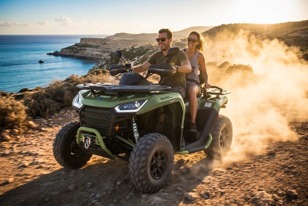 Quad ATV with rider and passenger on a Paphos coastal trail